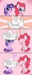 Size: 750x1730 | Tagged: safe, artist:solar-slash, derpibooru import, pinkie pie, twilight sparkle, earth pony, pony, chibi, comic, hat