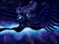 Size: 1600x1200 | Tagged: safe, artist:ablm, princess luna, alicorn, pony, dream walker luna, dreamscape, epic, flying, glowing eyes, hoers, realistic, solo, spread wings