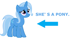 Size: 1208x662 | Tagged: safe, derpibooru import, trixie, pony, unicorn, arrow, captain obvious, caption arrow, missing accessory, simple background, solo, truth, white background