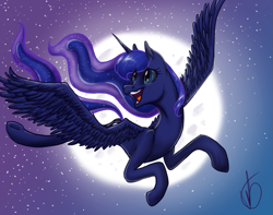 Size: 1023x806 | Tagged: safe, artist:ebonytails, princess luna, alicorn, pony, flying, moon, open mouth, smiling, solo
