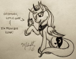 Size: 1280x984 | Tagged: safe, artist:midnightsix3, princess luna, alicorn, butterfly, pony, cute, lunadoodle, monochrome, solo, traditional art