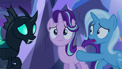 Size: 1280x720 | Tagged: safe, derpibooru import, screencap, starlight glimmer, thorax, trixie, changeling, pony, unicorn, to where and back again