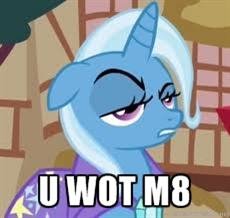 Size: 230x218 | Tagged: safe, derpibooru import, trixie, pony, unicorn, female, image macro, mare, meme, reaction image, solo, trixie yells at everything, u wot m8