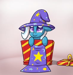 Size: 1455x1487 | Tagged: dead source, safe, artist:blackamena, derpibooru import, trixie, pony, pony in a box, present