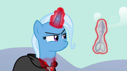 Size: 1280x720 | Tagged: safe, derpibooru import, screencap, trixie, pony, magic duel, alicorn amulet, levitation, lidded eyes, magic, scissors, solo, telekinesis