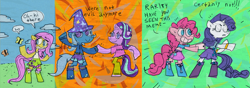 Size: 1280x449 | Tagged: safe, artist:cate wurtz, artist:lamezone, derpibooru import, fluttershy, pinkie pie, rarity, starlight glimmer, trixie, butterfly, earth pony, pegasus, pony, semi-anthro, unicorn, bipedal, cellphone, clothes, dialogue, dragon ball z, equestria girls outfit, hoofbump, phone, smartphone, stylistic suck, vegeta, vegeta's shirt