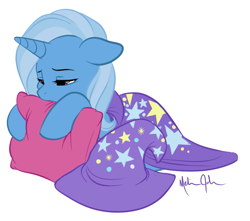 Size: 651x576 | Tagged: safe, artist:nauticaldog, derpibooru import, trixie, pony, unicorn, female, mare, pillow, sad, solo