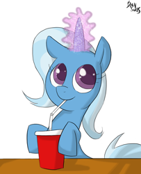 Size: 900x1106 | Tagged: safe, artist:brainsucks, derpibooru import, trixie, pony, unicorn, drink, female, happy, magic, mare, simple background, solo, white background