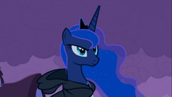 Size: 1366x768 | Tagged: safe, screencap, princess luna, alicorn, pony, luna eclipsed, clothes, cloud, confident, female, hoodie, jewelry, looking up, mare, night, nightmare night, regalia, smiling, smirk, solo