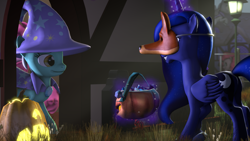 Size: 1920x1080 | Tagged: safe, artist:digivee, lyra heartstrings, pinkie pie, princess luna, trixie, alicorn, earth pony, pony, unicorn, 3d, female, glowing horn, magic, mare, mask, pumpkin bucket, source filmmaker, telekinesis, trick or treat