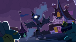 Size: 1366x768 | Tagged: safe, screencap, princess luna, alicorn, pony, luna eclipsed, glowing eyes, lightning, night, standing