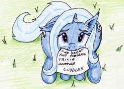 Size: 1836x1325 | Tagged: safe, artist:40kponyguy, derpibooru exclusive, derpibooru import, trixie, pony, unicorn, 30 minute art challenge, both cutie marks, cute, diatrixes, ear fluff, floppy ears, hug request, looking at you, looking up, mouth hold, solo, traditional art