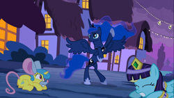 Size: 1366x768 | Tagged: safe, screencap, lemon hearts, princess luna, sassaflash, alicorn, pony, luna eclipsed, background pony, clothes, costume, crouching, ethereal mane, eyes closed, fake ears, female, mare, mouse costume, night, nightmare night, nightmare night costume, rearing, scared, spread wings, starry mane, wig, wings