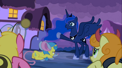 Size: 1366x768 | Tagged: safe, screencap, carrot top, cherry berry, golden harvest, lemon hearts, princess luna, alicorn, pony, luna eclipsed, background pony, clothes, costume, crouching, ethereal mane, fake ears, female, mare, mouse costume, night, nightmare night, nightmare night costume, raised hoof, scared, starry mane