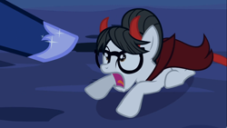 Size: 1366x768 | Tagged: safe, screencap, princess luna, writing desk, alicorn, pony, luna eclipsed, clothes, costume, devil, devil horns, glasses, pointing, solo