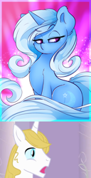 Size: 1024x2000 | Tagged: safe, artist:madacon, derpibooru import, edit, prince blueblood, trixie, pony, aroused, bluetrix, chest fluff, ear fluff, lidded eyes, looking away, love at first sight, male, raised eyebrow, shipping, sitting, snobby, sparkles, straight