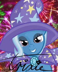 Size: 2400x3000 | Tagged: safe, artist:oxyloged, derpibooru import, trixie, bedroom eyes, cloak, clothes, fireworks, gem, hat, signature, trixie's cape, trixie's hat