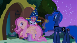 Size: 1366x768 | Tagged: safe, screencap, fluttershy, princess luna, twilight sparkle, alicorn, pegasus, pony, luna eclipsed, aura, clothes, costume, levitation, magic, nightmare night costume, telekinesis