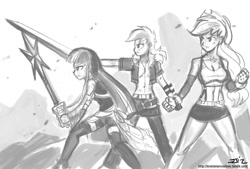 Size: 1100x745 | Tagged: safe, artist:johnjoseco, derpibooru import, applejack, rainbow dash, twilight sparkle, human, final fantasy, final fantasy vii, final fantasy viii, grayscale, humanized, keyblade, kingdom hearts, monochrome, squall leonhart, sword, tifa lockhart, weapon