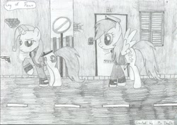 Size: 2336x1649 | Tagged: safe, artist:deathumbrella, derpibooru import, derpy hooves, trixie, pegasus, pony, clothes, cry of fear, female, mare, police, sketch, traditional art