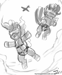 Size: 667x800 | Tagged: safe, artist:johnjoseco, derpibooru import, pinkie pie, twilight sparkle, earth pony, pony, grayscale, monochrome, parachute, skydiving