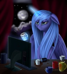 Size: 854x935 | Tagged: dead source, safe, artist:f13proxima, princess luna, alicorn, pony, coffee, computer, floppy ears, russian, sleepy, solo, star of david