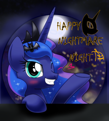 Size: 1710x1890 | Tagged: safe, artist:hoyeechun, princess luna, alicorn, pony, blushing, fangs, grin, nightmare night, smiling, solo, wink