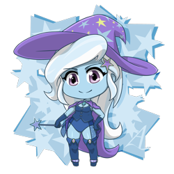 Size: 1200x1200 | Tagged: safe, artist:acesrockz, derpibooru import, trixie, equestria girls, cape, chibi, clothes, cute, diatrixes, fall formal outfits, gloves, hair accessory, hat, leotard, looking at you, magician outfit, smiling, solo, trixie's cape, trixie's hat, wand, wizard hat