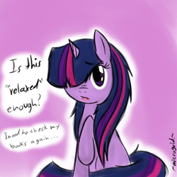 Size: 900x900 | Tagged: safe, artist:microgrid, derpibooru import, twilight sparkle, unicorn twilight, pony, unicorn, alternate hairstyle, bed mane, dialogue, fangs, female, hair over one eye, hilarious in hindsight, looking at you, loose hair, mare, open mouth, raised hoof, raised leg, sitting, solo, text, worried