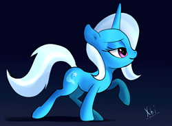 Size: 2000x1468 | Tagged: safe, artist:xbi, derpibooru import, trixie, pony, unicorn, gradient background, raised hoof, raised leg, smiling, solo