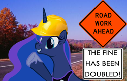 Size: 1268x816 | Tagged: safe, artist:10art1, edit, princess luna, construction, hard hat, hat, irl, photo, ponies in real life, road work, solo