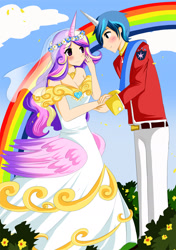 Size: 1080x1530 | Tagged: safe, artist:sakura02, princess cadance, shining armor, human, belt, blushing, cleavage, clothes, dress, female, flower, horned humanization, humanized, pants, rainbow, wedding dress