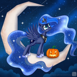 Size: 800x800 | Tagged: safe, artist:swanlullaby, princess luna, alicorn, pony, jack-o-lantern, moon, pumpkin, solo, tangible heavenly object