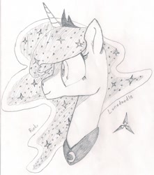 Size: 1244x1410 | Tagged: safe, artist:rinku, princess luna, alicorn, pony, lunadoodle, monochrome, pencil drawing, portrait, sketch, smiling, solo, traditional art