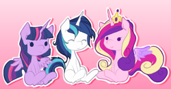 Size: 536x280 | Tagged: safe, artist:loyaldis, princess cadance, shining armor, twilight sparkle, twilight sparkle (alicorn), alicorn, pony, unicorn, eyes closed, sitting, smiling, spread wings