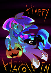 Size: 1500x2125 | Tagged: safe, artist:qicop, princess luna, alicorn, pony, jack-o-lantern, pixiv, solo