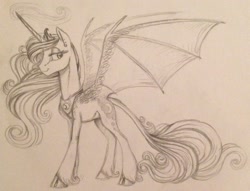 Size: 2046x1560 | Tagged: safe, artist:psponyartist, princess luna, alicorn, classical unicorn, pony, bat wings, cloven hooves, leonine tail, monochrome, solo, unshorn fetlocks