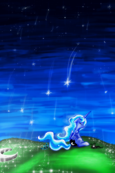 Size: 2000x3000 | Tagged: safe, artist:flamevulture17, princess luna, alicorn, pony, eyes closed, floppy ears, moon, s1 luna, shooting stars, sitting, solo, tangible heavenly object