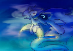 Size: 1280x891 | Tagged: safe, artist:qicop, princess luna, alicorn, pony, crescent moon, flying, solo