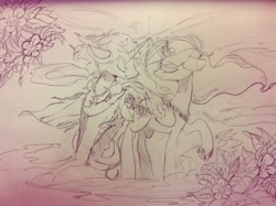 Size: 1024x764 | Tagged: artist needed, safe, princess cadance, shining armor, alicorn, pony, unicorn, grayscale, horns are touching, monochrome