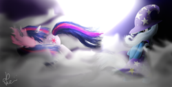 Size: 5900x3000 | Tagged: safe, artist:bronyontheway, derpibooru import, trixie, twilight sparkle, absurd resolution, duo, fog, glowing eyes, magic, moon