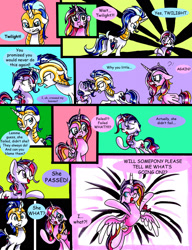 Size: 1682x2193 | Tagged: safe, artist:frostykat13, princess cadance, shining armor, twilight sparkle, alicorn, pony, unicorn, alternate hairstyle, armor, comic, confused, filly, floppy ears, frown, glare, grin, makeover, makeup, mascara, nervous, running makeup, smiling, wide eyes, yelling