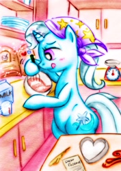 Size: 904x1280 | Tagged: safe, artist:remyroez, derpibooru import, trixie, pony, baking, bipedal, blushing, cooking, hoof hold, solo, traditional art, valentine's day