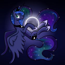 Size: 2400x2400 | Tagged: safe, artist:xain-russell, princess luna, alicorn, pony, looking at you, moon, smiling, solo, spread wings, tangible heavenly object