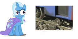 Size: 1013x512 | Tagged: safe, derpibooru import, trixie, sir handel, special eyes, that pony sure does hate wheels, thomas the tank engine, wheel