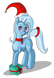 Size: 1167x1690 | Tagged: safe, artist:michix-papertrash, derpibooru import, trixie, clothes, hat, present, santa hat, scarf, smiling