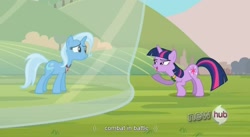 Size: 1571x861 | Tagged: safe, derpibooru import, screencap, trixie, twilight sparkle, hub logo, youtube caption, youtube link