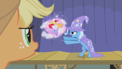 Size: 1280x720 | Tagged: safe, derpibooru import, screencap, applejack, trixie, earth pony, pony, boast busters, bipedal, bouquet, cape, clothes, hat, magic, trixie's cape, trixie's hat