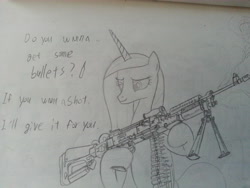 Size: 3264x2448 | Tagged: artist needed, safe, princess cadance, alicorn, pony, bullet, gun, m240, machine gun, monochrome, traditional art