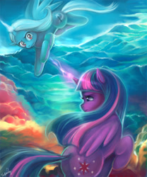 Size: 700x840 | Tagged: safe, artist:sukesha-ray, derpibooru import, trixie, twilight sparkle, twilight sparkle (alicorn), alicorn, pony, alicornified, fight, magic, race swap, trixiecorn